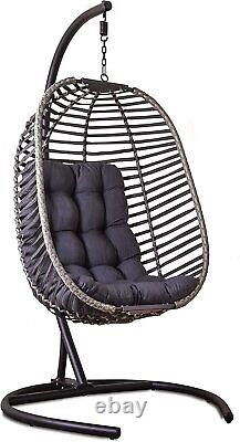 Hanging Egg Chair Grey Rattan Folding Swing Chair + Cushion + Steel Stand