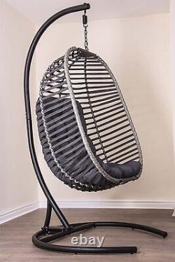 Hanging Egg Chair Grey Rattan Folding Swing Chair + Cushion + Steel Stand