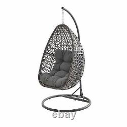Hanging egg chair in brown rattan with thick grey cushion, hanging egg love seat