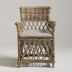 High Back Rattan Armchair Grey Cushion Seat Classic Dining Chair Style Frame