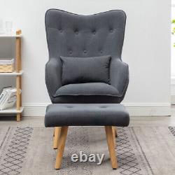 High Wing Back Fireside Grey Velvet Armchair Sofa Lounge Chair and Footstool Set