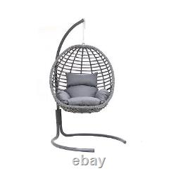 Large Rattan Hanging Egg Chair Patio Garden Indoor Outdoor with Cushion Grey