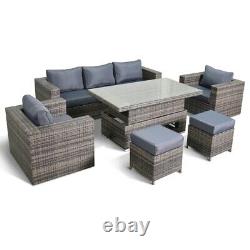 Layla Grey Garden Rattan Furniture Sofa With Rising Table Armchairs Stools Set