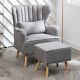 Light Grey Linen Upholstered Wing Back Chair Armchair With Footstool & Cushion