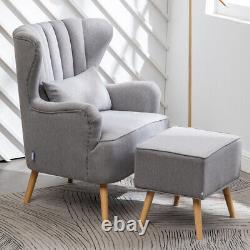Light Grey Linen Upholstered Wing Back Chair Armchair With Footstool & Cushion