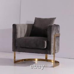 Luxury Grey Velvet Cushion Tub Chair Brushed Gold Steel Frame FREE Delivery
