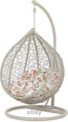 MOBEXPERT Kids Swing Egg Hanging Chair Grey with Stand & Floral Cushion Red