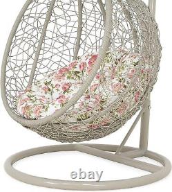 MOBEXPERT Kids Swing Egg Hanging Chair Grey with Stand & Floral Cushion Red