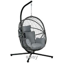 Metal Rattan Hanging Egg Chair Folding Weave Swing with Cushion Grey By Outsunny