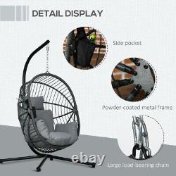 Metal Rattan Hanging Egg Chair Folding Weave Swing with Cushion Grey By Outsunny