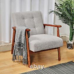 Minimalistic Accent Chair Wood Frame Sofa Thick Linen Cushion Wide Seat Armchair