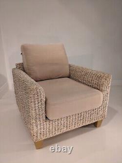 NEXT RATTAN ARMCHAIR Beige Grey Padded Fabric Back & Seat Conservatory Chair