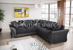 New Shannon Chenille & Leather Fabric Sofa Corner Grey/Black Foam Cushions