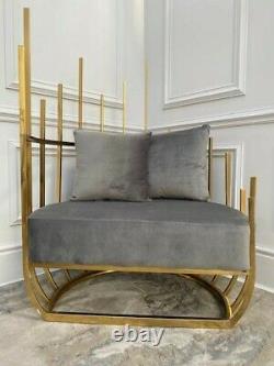 Niches Modern Grey Velvet and Gold Chrome Accent Chair Throne Bedroom Chair
