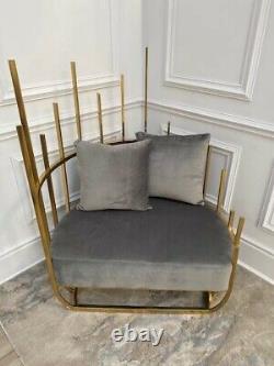 Niches Modern Grey Velvet and Gold Chrome Accent Chair Throne Bedroom Chair