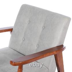 Nordic Wooden Frame Armchair Grey Fabric Upholstered Chair Cushion Seat withButton
