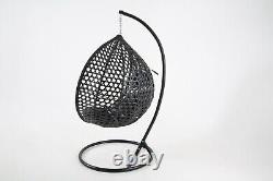 Onyx Black 105cm Hanging Rattan Patio Garden Egg Chair, Grey Cushions, WithP Cover