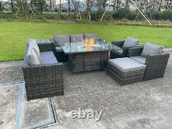 Oudoor Rattan Garden Furniture Gas Fire Pit Table Sets Lounge Chairs Dark Grey