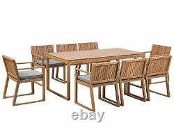 Outdoor Garden Acacia Wood Dining Set Table 8 Chairs Grey Cushions Sassari