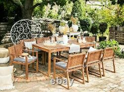 Outdoor Garden Acacia Wood Dining Set Table 8 Chairs Grey Cushions Sassari