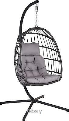 Outdoor Garden Rattan Egg Chair Patio Seat Hanging Folding Hammock Grey Cushion