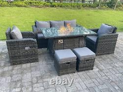 Outdoor Rattan Garden Furniture Sets Gas Fire Pit Dining Table Reclining Chairs