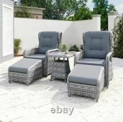 OutdoorGarden Grey/Brown Reclining Rattan Sun Lounger Set with Table and Footstool