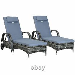Outsunny 2PC Adjustable Wicker Rattan Sun Lounge Recliner Chair with Cushion Grey
