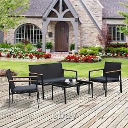Outsunny 4 Pcs PE Rattan Furniture Set with3 Cushioned Chairs 1 Coffee Table -Grey