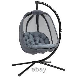 Outsunny Folding Hanging Egg Chair with Cushion and Stand for Indoor Outdoor Grey