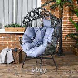 Outsunny Rattan Leisure Chair with Cushion, Garden Egg Chair with Headrest, Grey