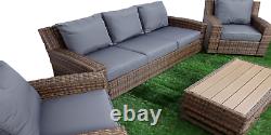 PATIOKING Brown Rattan Garden Furniture Set 4 PCS Grey Cushions 5 Seater Sofa Ch