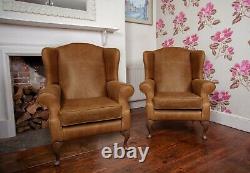 Pair of Chesterfield Queen Anne High Back chairs in Vintage Tan Leather