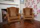 Pair Of Chesterfield Queen Anne High Back Chairs In Vintage Tan Leather