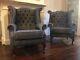 Pair Of Chesterfield Queen Anne Wing Back Chairs Vintage Leather & Harris Tweed