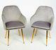 Pair Of Designer Stylish Grey Dining Chairs Velvet Seat Cushion Gold Legs