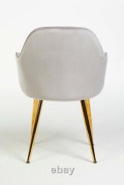 Pair of Designer Stylish Grey Dining Chairs Velvet Seat Cushion Gold Legs