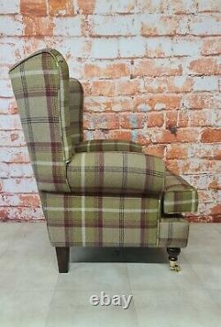 Queen Anne Wing Back Arm Chair with T-Cushion Balmoral Heather Tartan Fabric