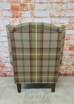 Queen Anne Wing Back Arm Chair with T-Cushion Balmoral Heather Tartan Fabric