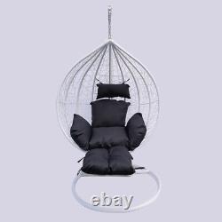 Rattan Effect Hanging Egg Swing Chair White + footrest + raincover Grey cushion