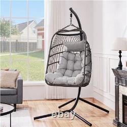 Rattan Egg Chair with Cushion & Pillow, Foldable, Sturdy Steel Iron Framed, Grey