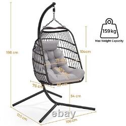 Rattan Egg Chair with Cushion & Pillow, Foldable, Sturdy Steel Iron Framed, Grey