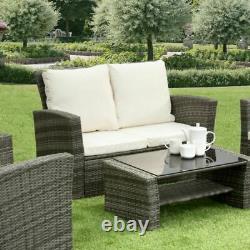 Rattan Garden Furniture 4 Piece Patio Set Table Chairs Grey with Cream Cushions