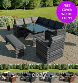Rattan Garden Furniture 9 Seater Corner Dining Set Armchair & Bench FREE COVER