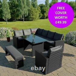 Rattan Garden Furniture 9 Seater Corner Dining Set Armchair & Bench FREE COVER