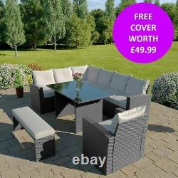 Rattan Garden Furniture 9 Seater Corner Dining Table Bench & Armchair FREE COVER