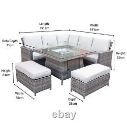 Rattan Garden Furniture Set 8 Seater Corner Sofa Dining Set with Fire Pit Table