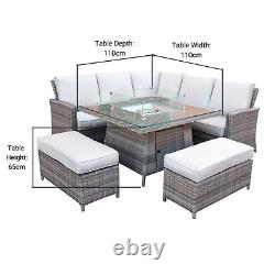 Rattan Garden Furniture Set 8 Seater Corner Sofa Dining Set with Fire Pit Table