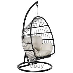 Rattan Hanging Egg Chair Folding Weave Swing Hammock with Cushion, Indoor Outdoor