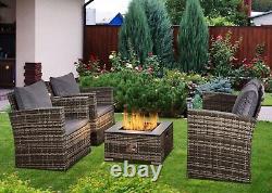 Rattan Sofa 4 Piece Garden Furniture Set with Gas Fire Pit Table Indoor/Outdoor